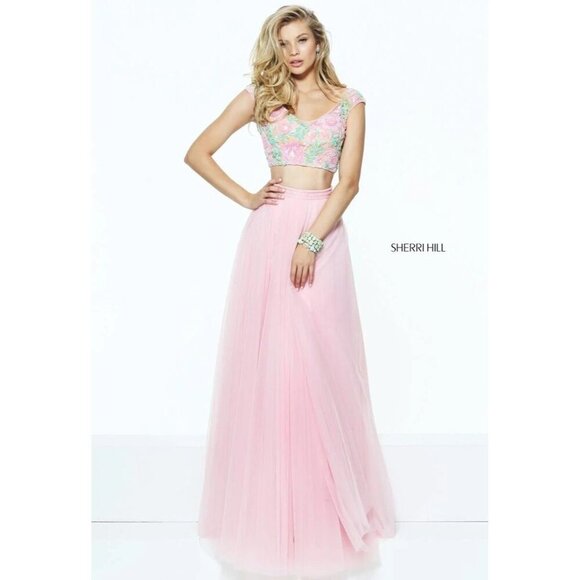 Sherri Hill Yellow Dress Two Piece Yellow Crop Top Tulle Skirt Embellished Sz 6 - Picture 7 of 8